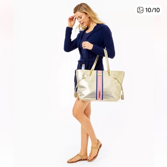 Lilly Pulitzer Gold Tote with Pink and Blue Stripes - Picture 7 of 10